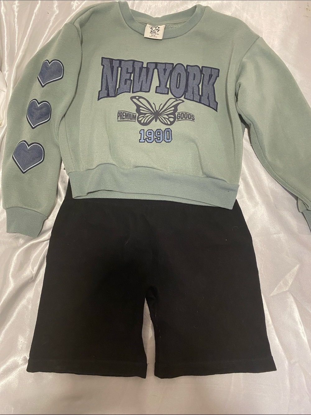 SET OF 2 Kids Black Bike Shorts and a green & blue NEW YORK, butterfly sweatshir